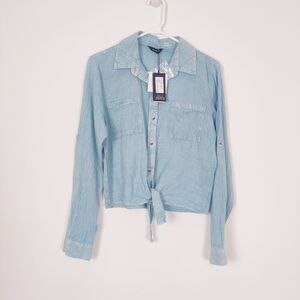 Sim & Sam Women's Button Down Jean Blouse in Blue Size Large Linen Cotton NEW